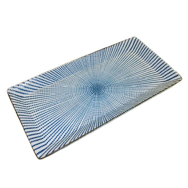 Teller / Servierteller -- japanisches Porzellan -- länglich -- weiß/blau -- Punktmuster